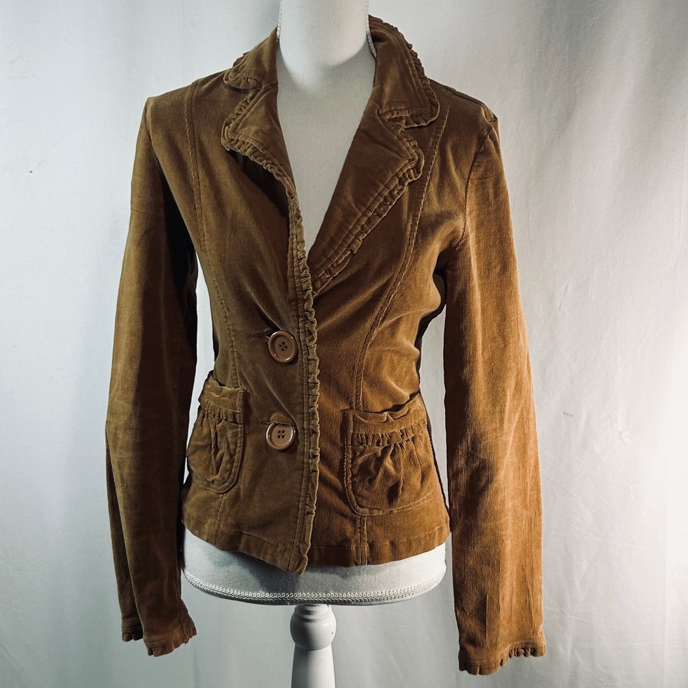 BKE Outerwear Brown Corduroy Ruffle Trim Blazer Jacket Womens Medium RN 107829